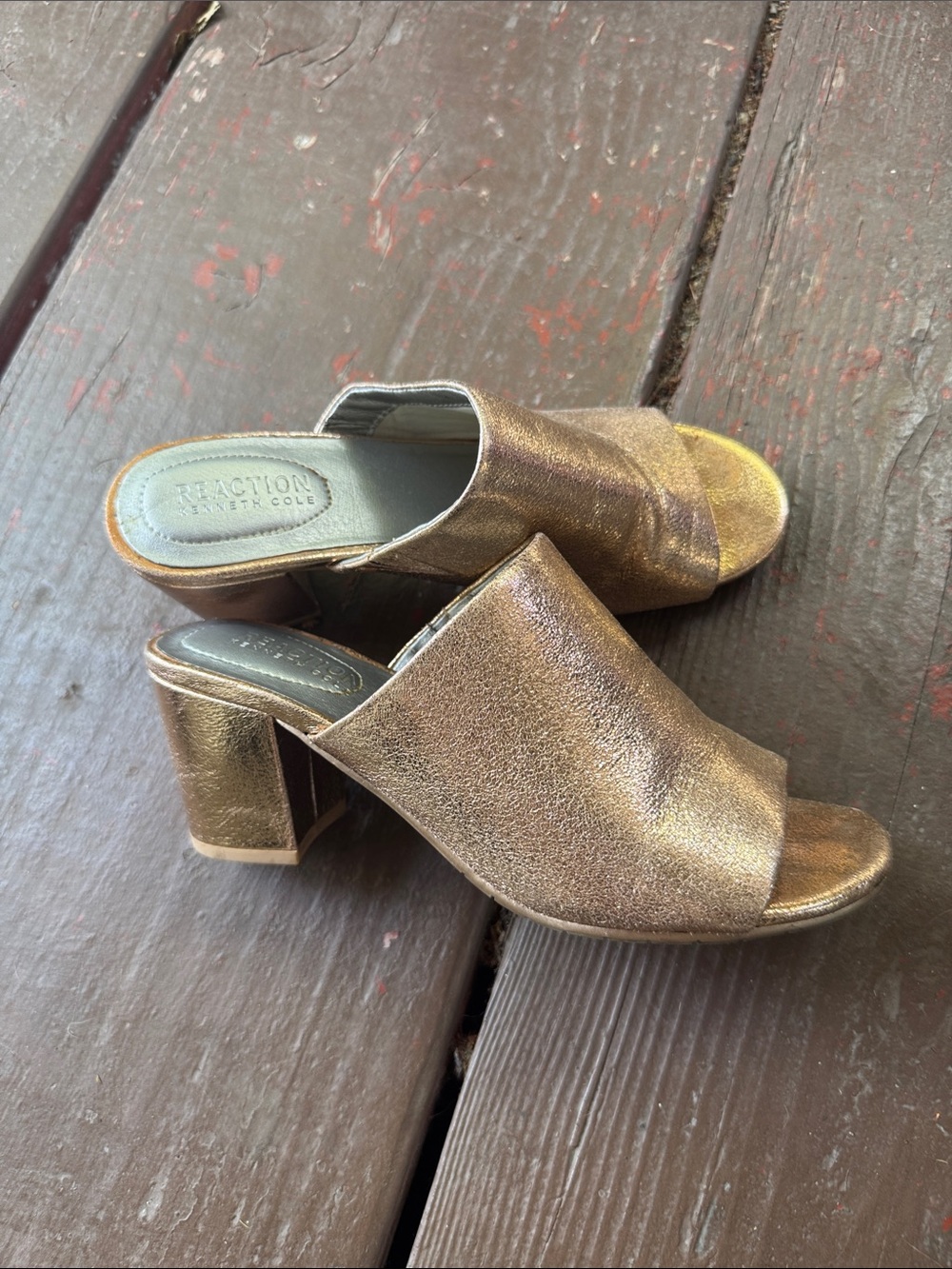 Kenneth Cole Reaction Metallic Gold Slip-On Block Heel Mules